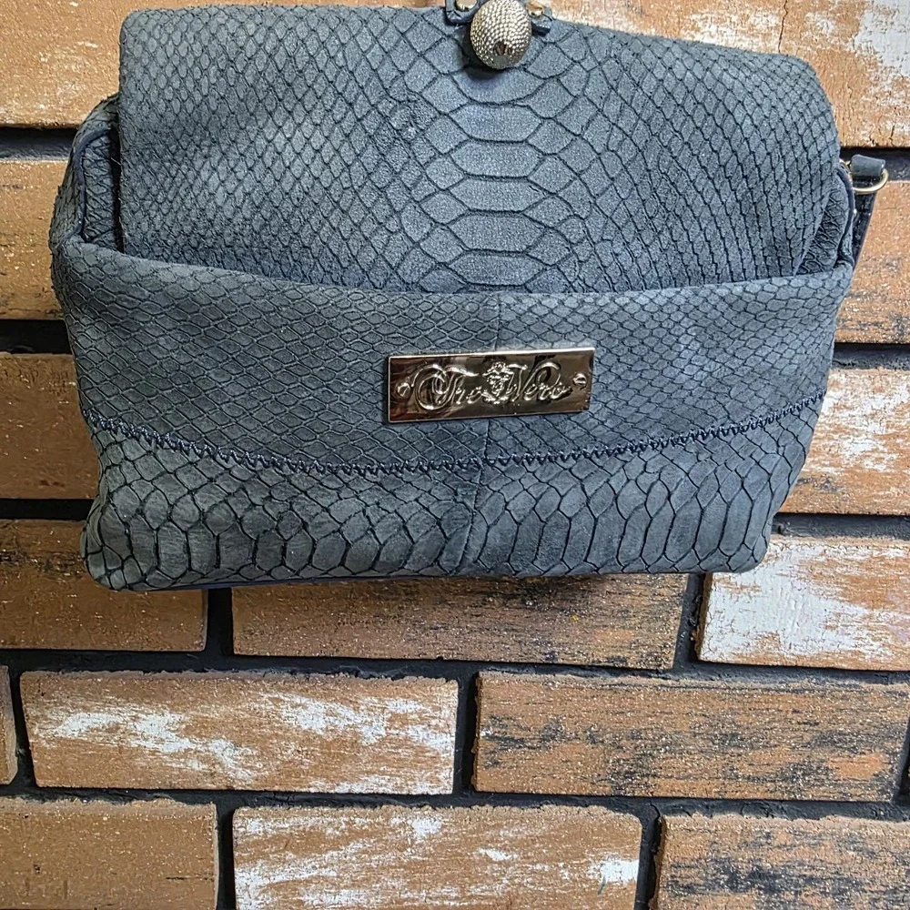 Tre Vero Python Purse Womens Handbag Midnight Blue Suede Accent Wrap Cord Clutch